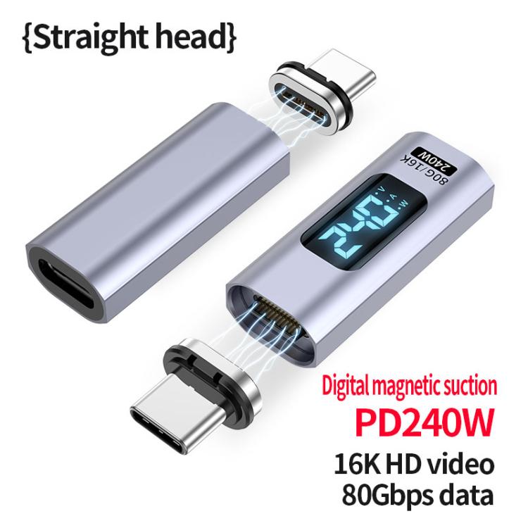 Adaptador magnético de sucção digital PD240W 80Gbps 60K macho Tipo-C para fêmea, cabeça reta, cabeça em cotovelo