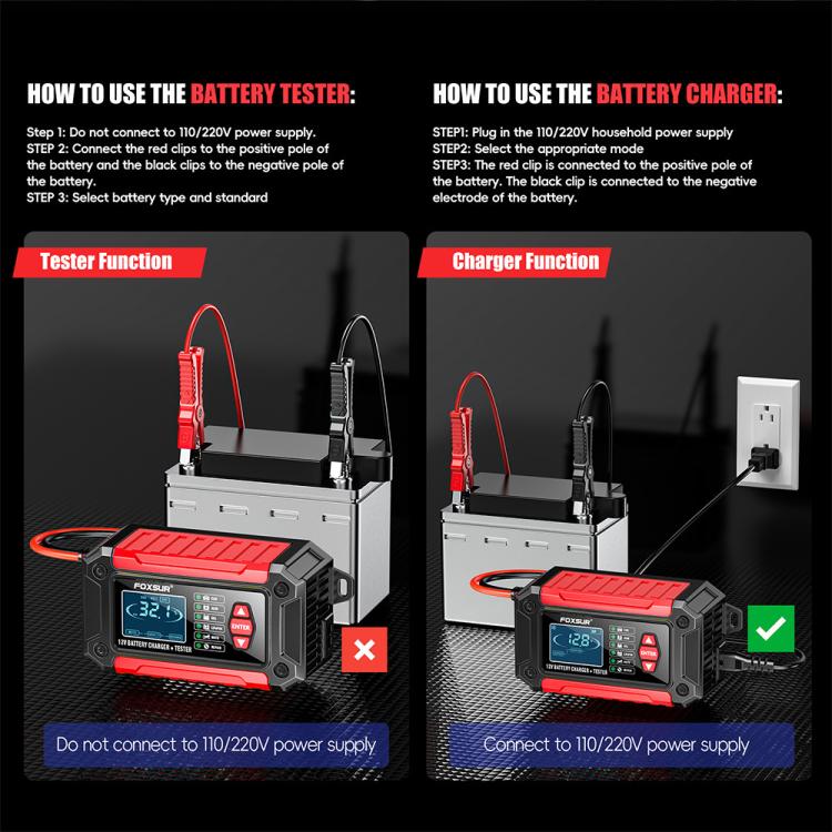 FOXSUR FTC-1206 2 in 1 12V Charging Tester Integrated Machine Car Motorcycle Battery Charger Tester, EU Plug, US Plug, UK Plug, AU Plug