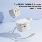 Carregador de Parede GaN PD35W Type-C Porta Única ROCK T90 com Cabo Retrátil Type-C, Ficha UK, Ficha UE