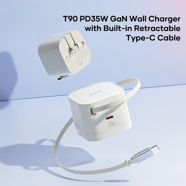 Carregador de Parede GaN PD35W Type-C Porta Única ROCK T90 com Cabo Retrátil Type-C, Ficha UK, Ficha UE