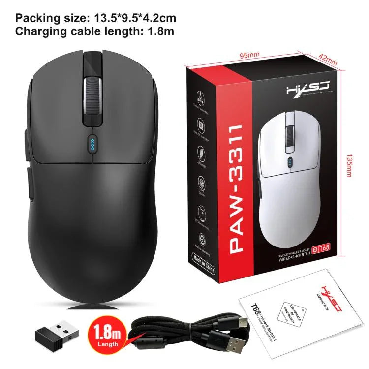Rato Gaming Leve HXSJ T68 3 Modos com Fios 2.4G BT5.1 Sem Fios, T68