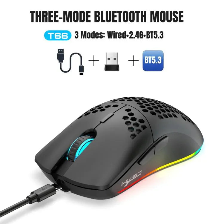 Rato Recarregável RGB Sem Fios HXSJ T66 3 Modos com Fios 2.4G BT5.3, T66