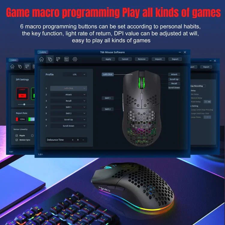 Rato Recarregável RGB Sem Fios HXSJ T66 3 Modos com Fios 2.4G BT5.3, T66
