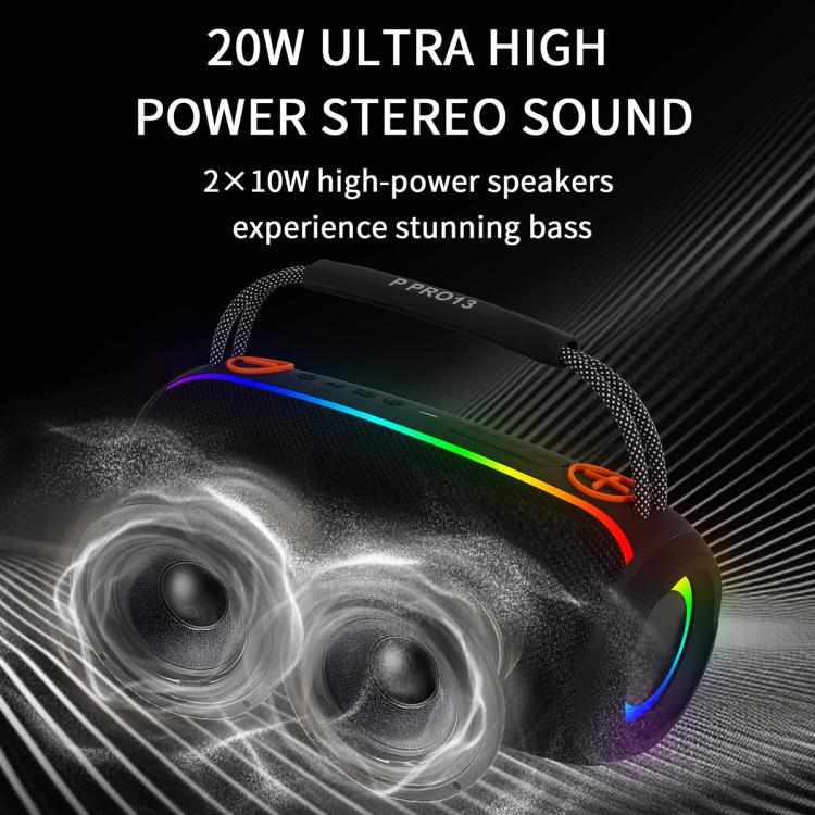 Colunas Sem Fios Portáteis PRO13 20W para Exterior IPX5 Barra de Som Estéreo Subwoofer RGB