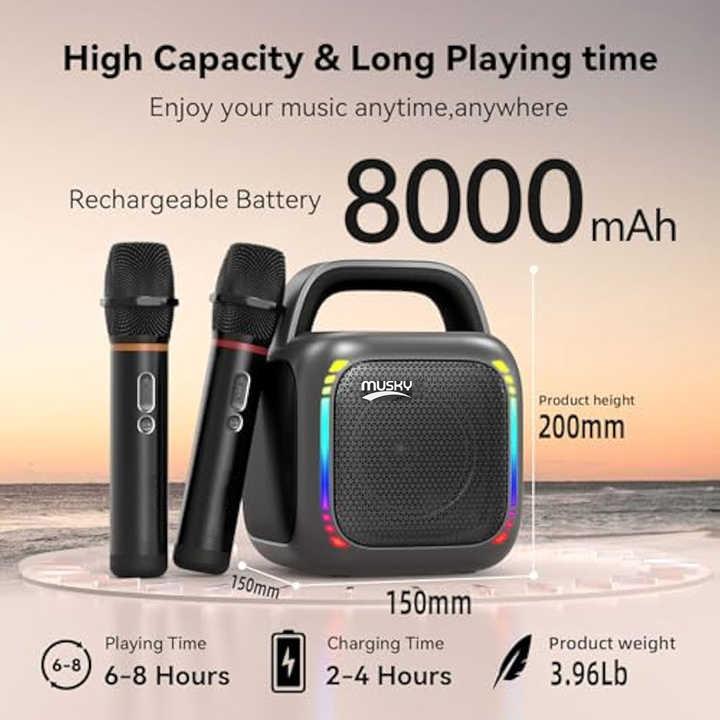 Coluna Bluetooth Portátil RGB MS6K para Karaoke Exterior Subwoofer, Sem Microfone, Microfone Duplo