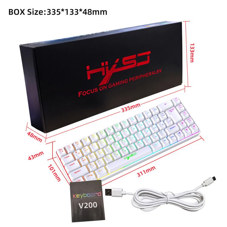 Teclado Mecânico com Retroiluminação RGB Versão Russa HXSJ V200 Com Fios 68 Teclas, Comprimento do Cabo: 1,7m, V200 Versão Russa Branco