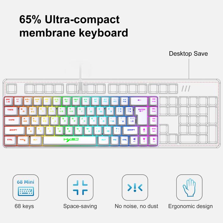 Teclado Mecânico com Retroiluminação RGB Versão Russa HXSJ V200 Com Fios 68 Teclas, Comprimento do Cabo: 1,7m, V200 Versão Russa Branco