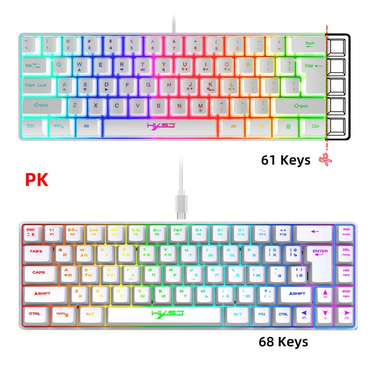 Teclado Mecânico com Retroiluminação RGB Versão Russa HXSJ V200 Com Fios 68 Teclas, Comprimento do Cabo: 1,7m, V200 Versão Russa Branco