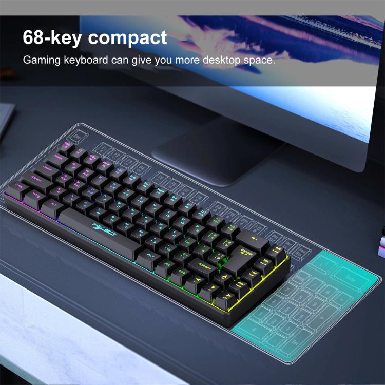 Teclado Mecânico com Retroiluminação RGB Versão Russa HXSJ V200 Com Fios 68 Teclas, Comprimento do Cabo: 1,7m, V200 Versão Russa Branco