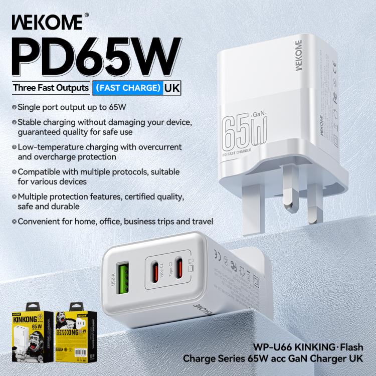 Carregador Rápido WK WP-U66 Kinkong 65W Dual USB-C / Type-C + USB GaN, Ficha UK, Ficha EUA, Ficha UE