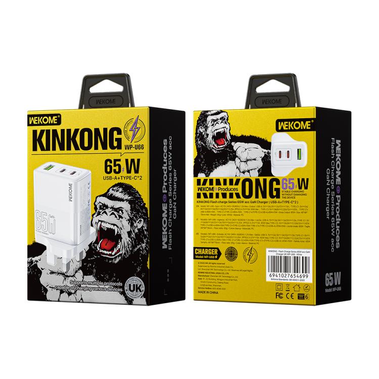 Carregador Rápido WK WP-U66 Kinkong 65W Dual USB-C / Type-C + USB GaN, Ficha UK, Ficha EUA, Ficha UE
