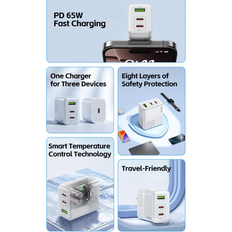 Carregador Rápido WK WP-U66 Kinkong 65W Dual USB-C / Type-C + USB GaN, Ficha UK, Ficha EUA, Ficha UE