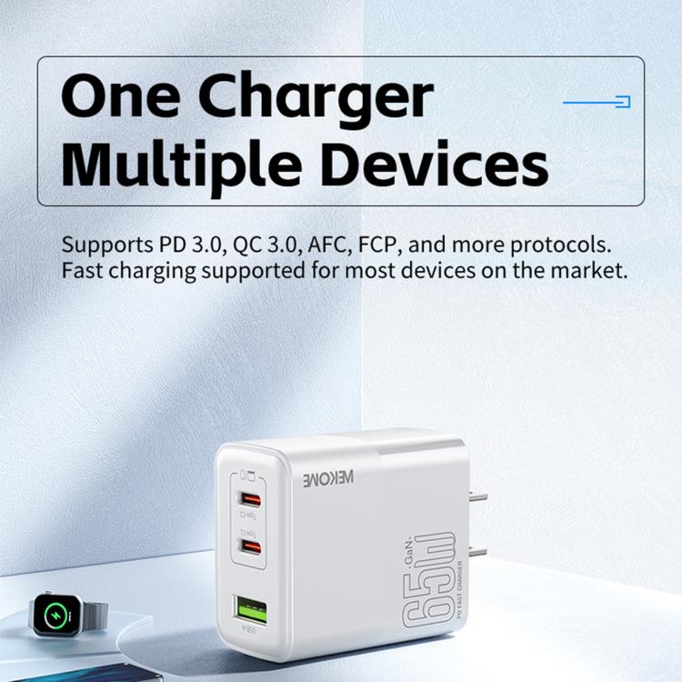 Carregador Rápido WK WP-U66 Kinkong 65W Dual USB-C / Type-C + USB GaN, Ficha UK, Ficha EUA, Ficha UE