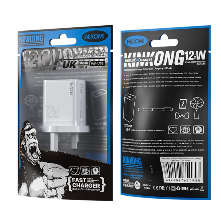 Carregador USB WK WP-U76 Kinkong 12W, Ficha UK, Ficha EUA, Ficha UE