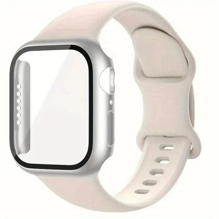 Correia de Relógio em Silicone com Fivela Borboleta e Capa Integrada em PC com Filme, Para Apple Watch Series 44mm, Para Apple Watch Series 40mm, Para Apple Watch Series 10 / 11 46mm, Para Apple Watch Series 10 / 11 42mm, Para Apple Watch Series 45mm