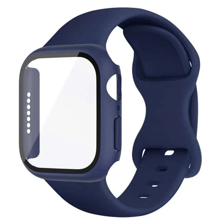 Correia de Relógio em Silicone com Fivela Borboleta e Capa Integrada em PC com Filme, Para Apple Watch Series 44mm, Para Apple Watch Series 40mm, Para Apple Watch Series 10 / 11 46mm, Para Apple Watch Series 10 / 11 42mm, Para Apple Watch Series 45mm