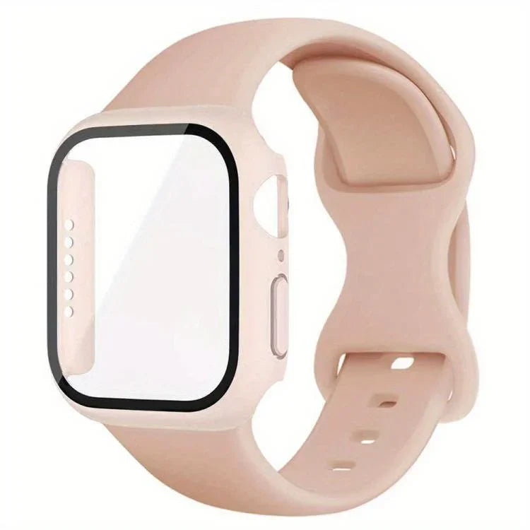 Correia de Relógio em Silicone com Fivela Borboleta e Capa Integrada em PC com Filme, Para Apple Watch Series 44mm, Para Apple Watch Series 40mm, Para Apple Watch Series 10 / 11 46mm, Para Apple Watch Series 10 / 11 42mm, Para Apple Watch Series 45mm