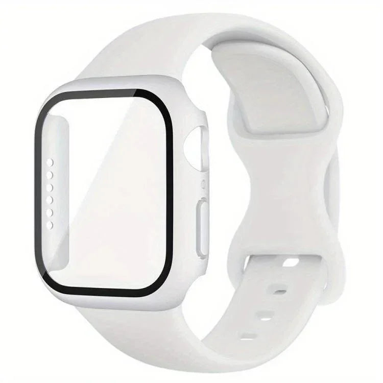 Correia de Relógio em Silicone com Fivela Borboleta e Capa Integrada em PC com Filme, Para Apple Watch Series 44mm, Para Apple Watch Series 40mm, Para Apple Watch Series 10 / 11 46mm, Para Apple Watch Series 10 / 11 42mm, Para Apple Watch Series 45mm