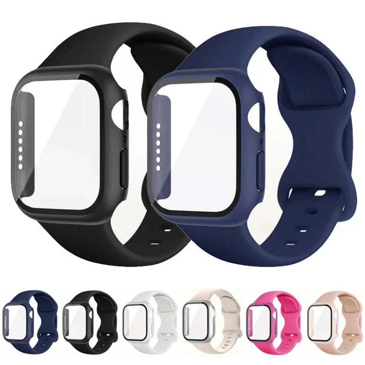 Correia de Relógio em Silicone com Fivela Borboleta e Capa Integrada em PC com Filme, Para Apple Watch Series 44mm, Para Apple Watch Series 40mm, Para Apple Watch Series 10 / 11 46mm, Para Apple Watch Series 10 / 11 42mm, Para Apple Watch Series 45mm
