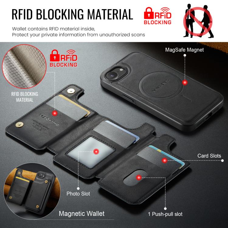Capa de telemóvel destacável MAGKING K3 Series MagSafe com bolsa para cartão RFID, para iPhone 17e / 16e, para iPhone 17, para iPhone 16 Pro Max, para iPhone 16 Pro, para iPhone 16 Plus, para iPhone 16