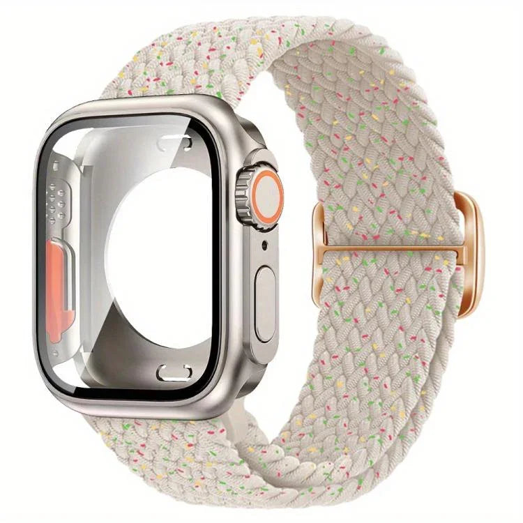 Correia de Relógio em Nylon com Laço e Fivela Escada com Capa PC Ultra 49mm com Filme, Para Apple Watch Series 44mm, Para Apple Watch Series 40mm, Para Apple Watch Series 10 / 11 46mm, Para Apple Watch Series 10 / 11 42mm, Para Apple Watch Series 45mm