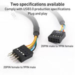 2 Cabos Adaptadores USB3.0 para Placa-mãe de Computador, 20 Pinos Macho para 9 Pinos Fêmea, 9 Pinos Macho para 20 Pinos Fêmea