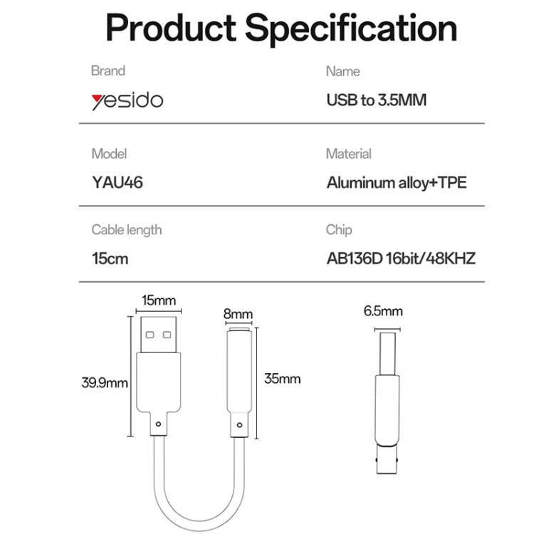 Adaptador de Áudio USB para 3,5mm em Liga de Alumínio Yesido YAU46, YAU46