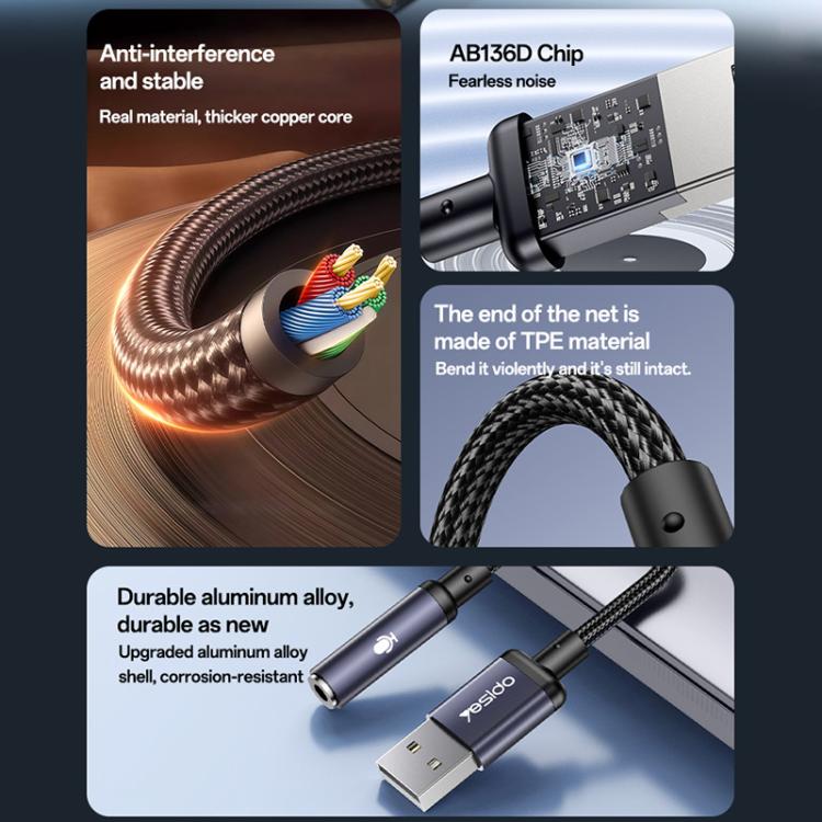 Adaptador de Áudio USB para 3,5mm em Liga de Alumínio Yesido YAU46, YAU46