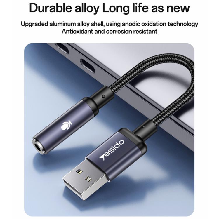 Adaptador de Áudio USB para 3,5mm em Liga de Alumínio Yesido YAU46, YAU46