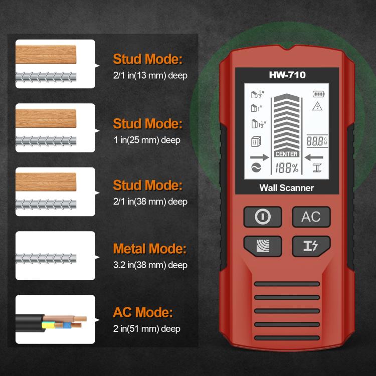 HW-710 Scanner de Parede 5 em 1 Detector de Metais Localizador de Pinos Instrumento de Medição