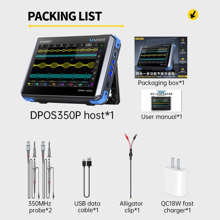 Osciloscópio Tablet FNIRSI DPOS350P 4 em 1 Ecrã Tátil IPS HD 7 polegadas 350M, DPOS350P(Ficha US), DPOS350P(Ficha EU)