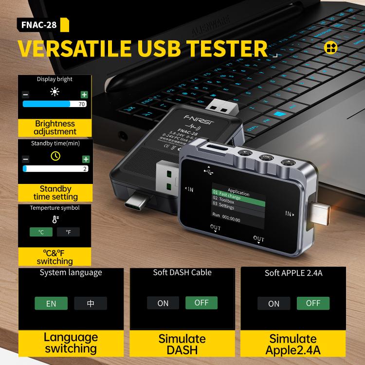 Testador Profissional Multi-funções de Monitorização de Ripple Tipo-C & USB Fnirsi FNAC-28, FNAC-28