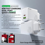 Carregador Rápido WK WP-U64 45W Kinkong Flash Charge USB+Type-C, Ficha UE, Ficha UK, Ficha US