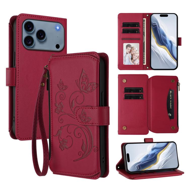 Capa para telemóvel em pele com carteira com fecho e múltiplos cartões Butterfly Love Flower, para iPhone 17e / 16e, para iPhone 17 Pro Max, para iPhone 17 Pro, para iPhone 17, para iPhone Air, para iPhone 16 Pro Max