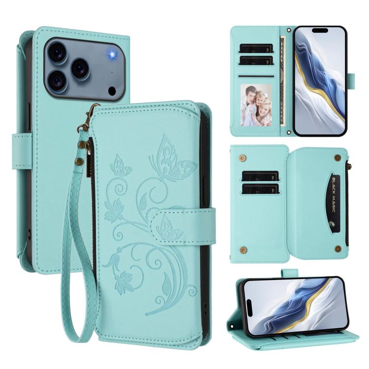 Capa para telemóvel em pele com carteira com fecho e múltiplos cartões Butterfly Love Flower, para iPhone 17e / 16e, para iPhone 17 Pro Max, para iPhone 17 Pro, para iPhone 17, para iPhone Air, para iPhone 16 Pro Max