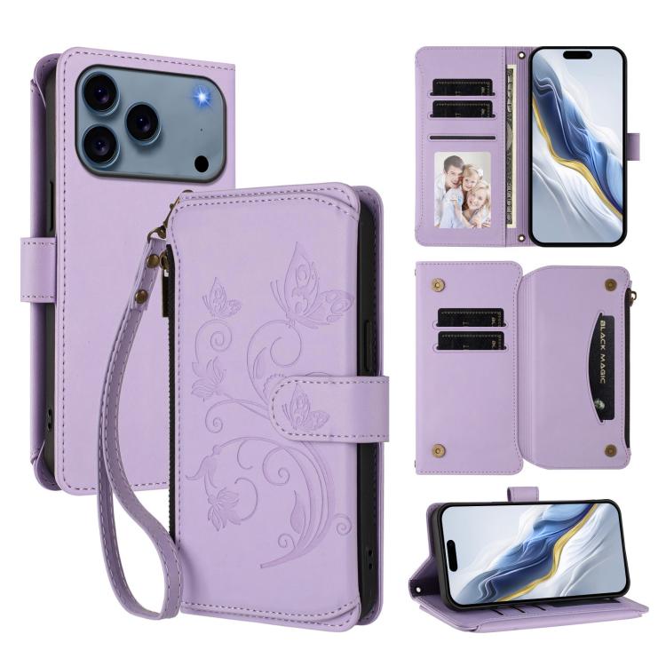 Capa para telemóvel em pele com carteira com fecho e múltiplos cartões Butterfly Love Flower, para iPhone 17e / 16e, para iPhone 17 Pro Max, para iPhone 17 Pro, para iPhone 17, para iPhone Air, para iPhone 16 Pro Max