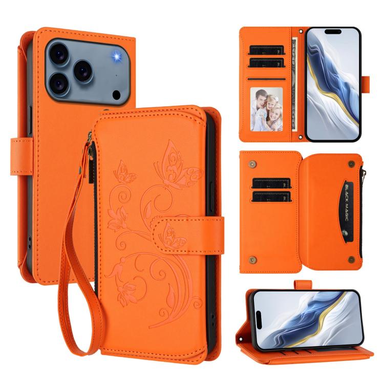 Capa para telemóvel em pele com carteira com fecho e múltiplos cartões Butterfly Love Flower, para iPhone 17e / 16e, para iPhone 17 Pro Max, para iPhone 17 Pro, para iPhone 17, para iPhone Air, para iPhone 16 Pro Max