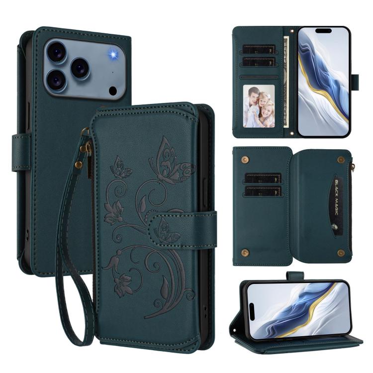 Capa para telemóvel em pele com carteira com fecho e múltiplos cartões Butterfly Love Flower, para iPhone 17e / 16e, para iPhone 17 Pro Max, para iPhone 17 Pro, para iPhone 17, para iPhone Air, para iPhone 16 Pro Max