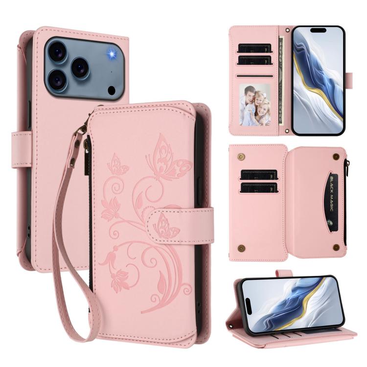 Capa para telemóvel em pele com carteira com fecho e múltiplos cartões Butterfly Love Flower, para iPhone 17e / 16e, para iPhone 17 Pro Max, para iPhone 17 Pro, para iPhone 17, para iPhone Air, para iPhone 16 Pro Max