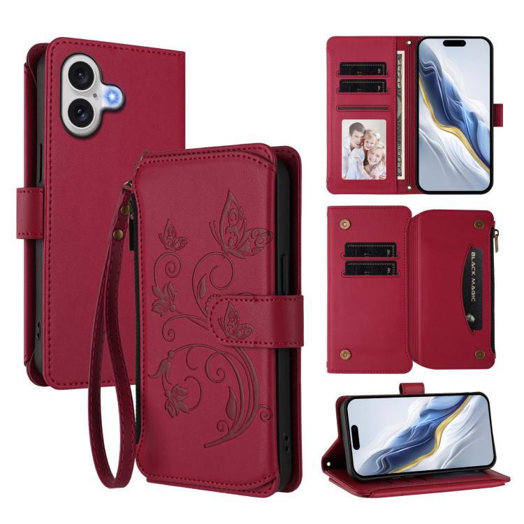 Capa para telemóvel em pele com carteira com fecho e múltiplos cartões Butterfly Love Flower, para iPhone 17e / 16e, para iPhone 17 Pro Max, para iPhone 17 Pro, para iPhone 17, para iPhone Air, para iPhone 16 Pro Max