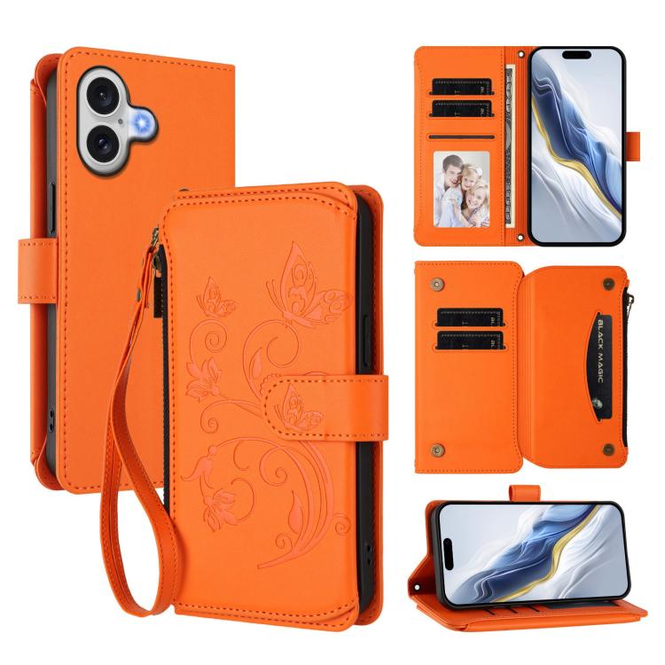 Capa para telemóvel em pele com carteira com fecho e múltiplos cartões Butterfly Love Flower, para iPhone 17e / 16e, para iPhone 17 Pro Max, para iPhone 17 Pro, para iPhone 17, para iPhone Air, para iPhone 16 Pro Max