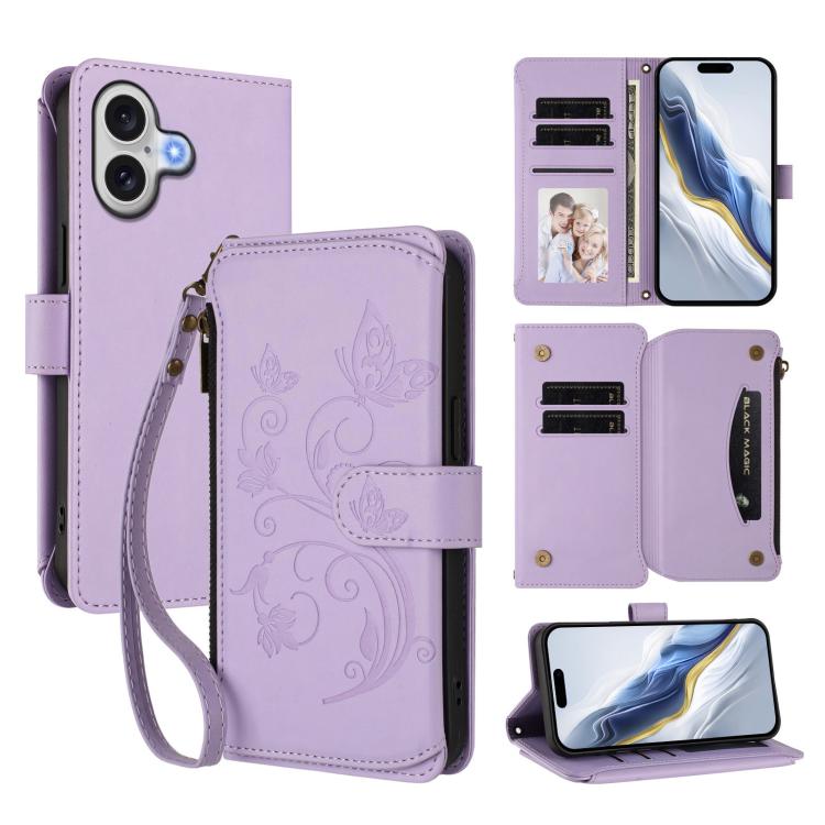 Capa para telemóvel em pele com carteira com fecho e múltiplos cartões Butterfly Love Flower, para iPhone 17e / 16e, para iPhone 17 Pro Max, para iPhone 17 Pro, para iPhone 17, para iPhone Air, para iPhone 16 Pro Max