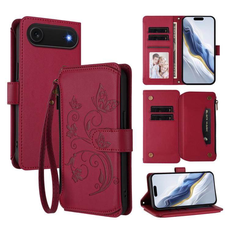 Capa para telemóvel em pele com carteira com fecho e múltiplos cartões Butterfly Love Flower, para iPhone 17e / 16e, para iPhone 17 Pro Max, para iPhone 17 Pro, para iPhone 17, para iPhone Air, para iPhone 16 Pro Max