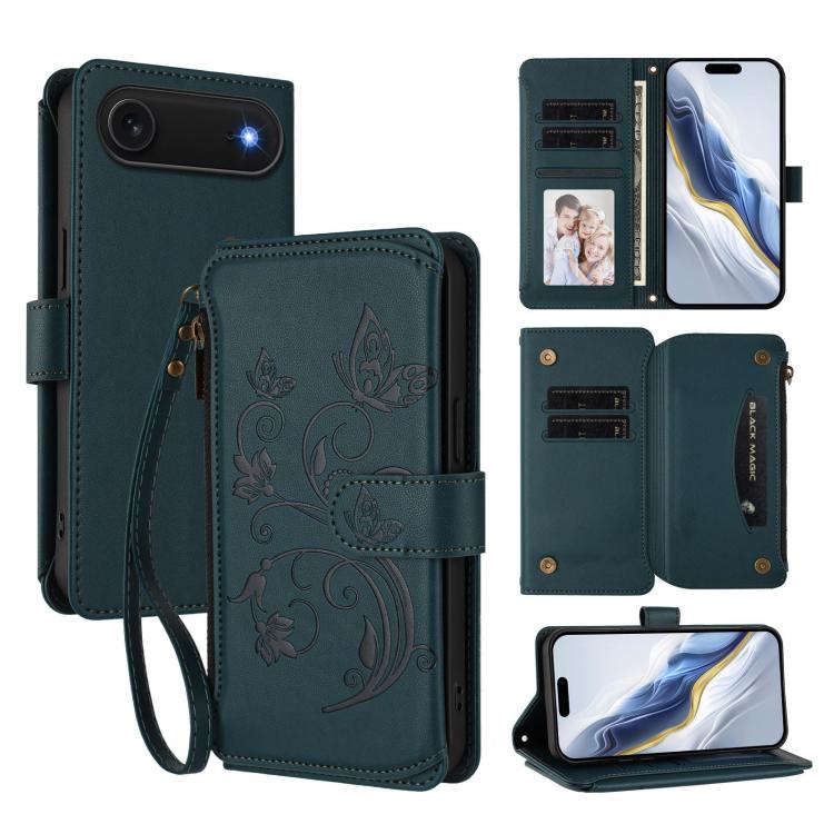Capa para telemóvel em pele com carteira com fecho e múltiplos cartões Butterfly Love Flower, para iPhone 17e / 16e, para iPhone 17 Pro Max, para iPhone 17 Pro, para iPhone 17, para iPhone Air, para iPhone 16 Pro Max