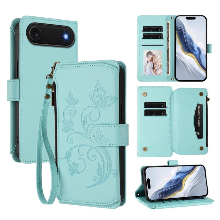 Capa para telemóvel em pele com carteira com fecho e múltiplos cartões Butterfly Love Flower, para iPhone 17e / 16e, para iPhone 17 Pro Max, para iPhone 17 Pro, para iPhone 17, para iPhone Air, para iPhone 16 Pro Max