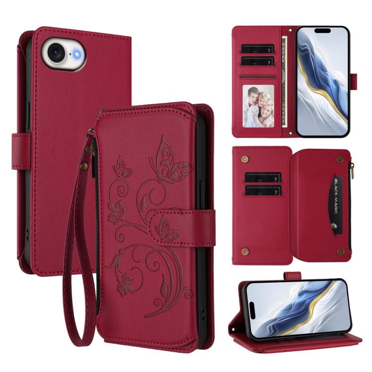 Capa para telemóvel em pele com carteira com fecho e múltiplos cartões Butterfly Love Flower, para iPhone 17e / 16e, para iPhone 17 Pro Max, para iPhone 17 Pro, para iPhone 17, para iPhone Air, para iPhone 16 Pro Max