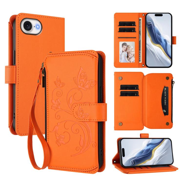 Capa para telemóvel em pele com carteira com fecho e múltiplos cartões Butterfly Love Flower, para iPhone 17e / 16e, para iPhone 17 Pro Max, para iPhone 17 Pro, para iPhone 17, para iPhone Air, para iPhone 16 Pro Max