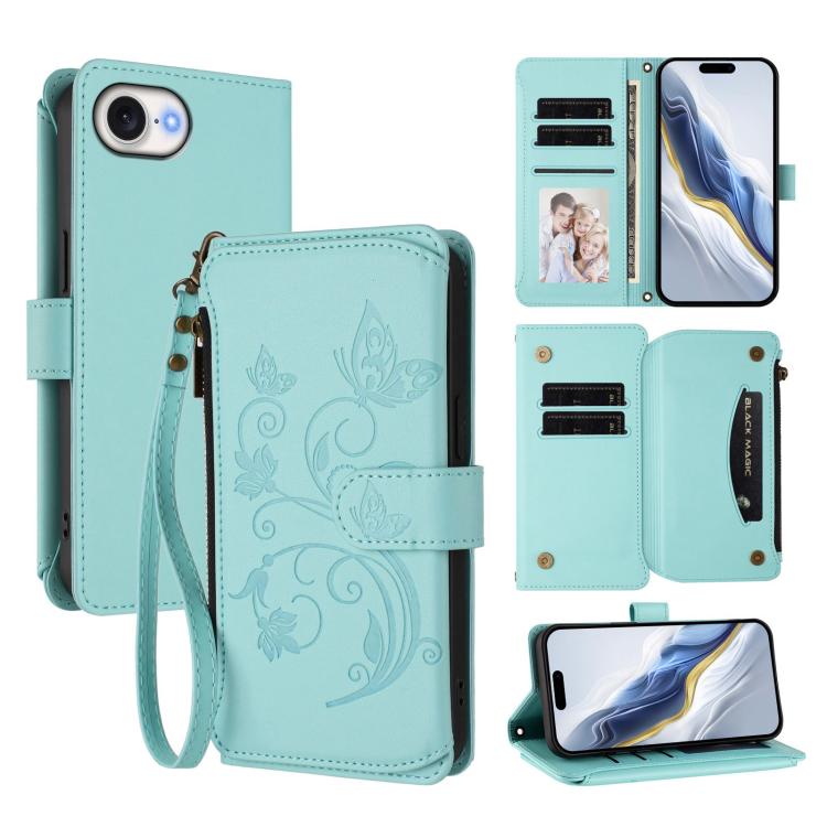 Capa para telemóvel em pele com carteira com fecho e múltiplos cartões Butterfly Love Flower, para iPhone 17e / 16e, para iPhone 17 Pro Max, para iPhone 17 Pro, para iPhone 17, para iPhone Air, para iPhone 16 Pro Max