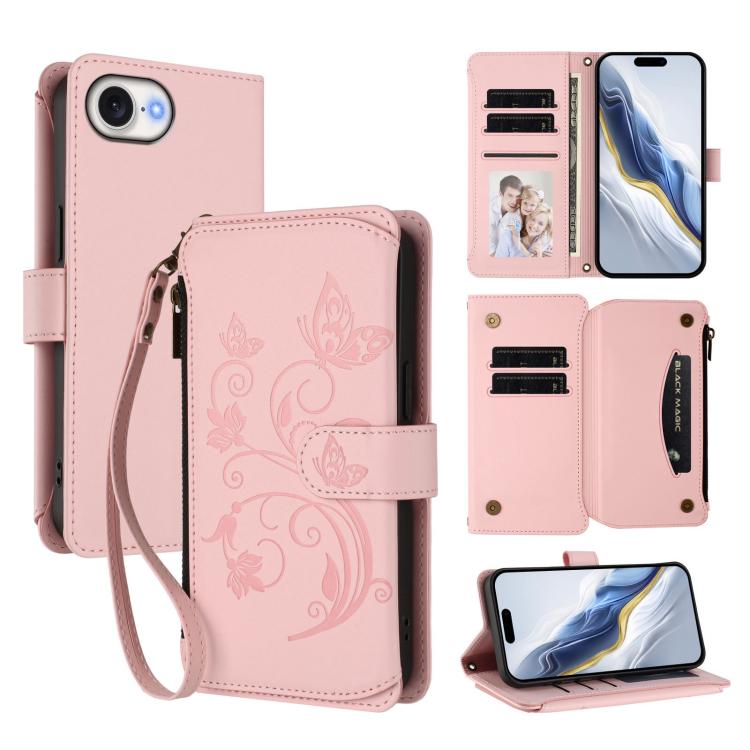 Capa para telemóvel em pele com carteira com fecho e múltiplos cartões Butterfly Love Flower, para iPhone 17e / 16e, para iPhone 17 Pro Max, para iPhone 17 Pro, para iPhone 17, para iPhone Air, para iPhone 16 Pro Max