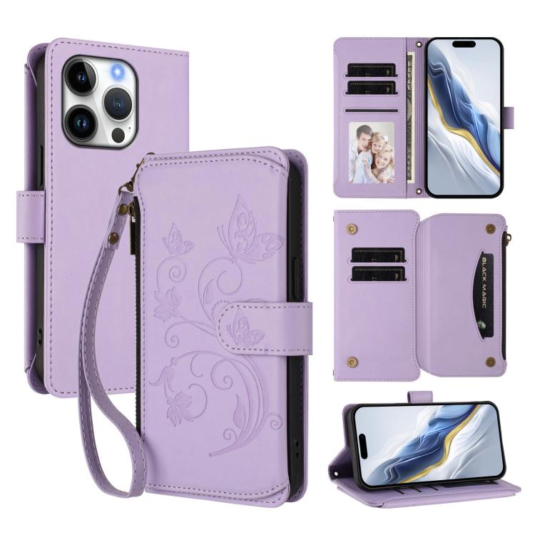Capa para telemóvel em pele com carteira com fecho e múltiplos cartões Butterfly Love Flower, para iPhone 17e / 16e, para iPhone 17 Pro Max, para iPhone 17 Pro, para iPhone 17, para iPhone Air, para iPhone 16 Pro Max